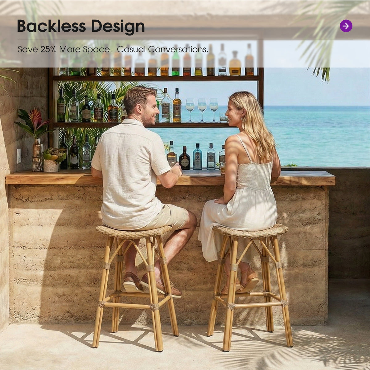 PURPLE LEAF Outdoor Bar Stools Set of 2 Backless Rattan Barstools with Saddle Seat and Footrest All Weather Aluminum Bar Chairs for Patio Kitchen Island Pool Balcony — product view 6