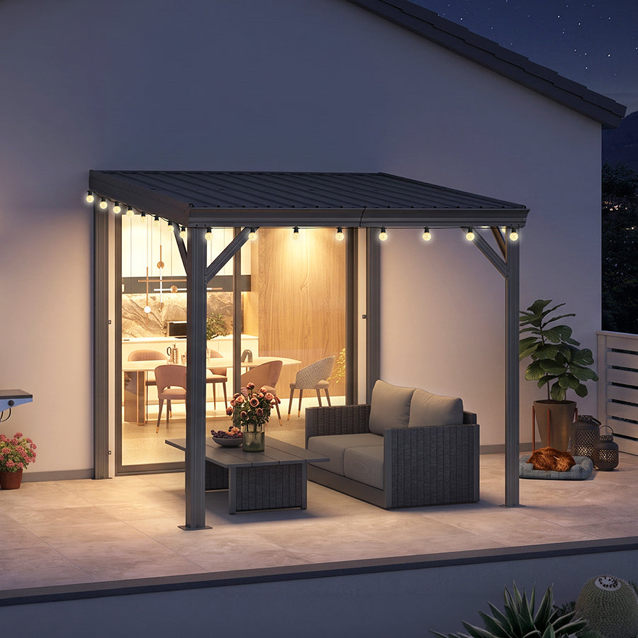 PURPLE LEAF Lean to Gazebo Metal Roof Patio Cover Built-in Drain Slots Wall Mounted Gazebo with Lights-clear for Outdoor Extension — product view 3