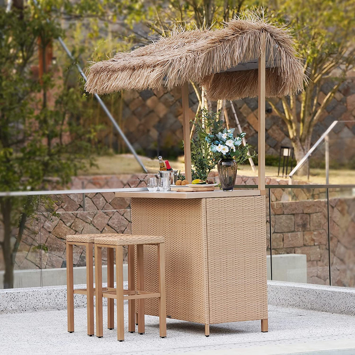 LOUNGE YARD Outdoor Phuket 3 Pieces Resin Wicker Ceramic Steel Storage Tiki Bar and Stools — product view 2