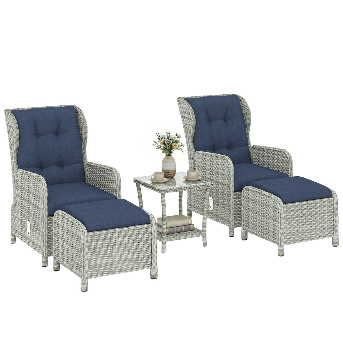5 Piece Rattan Reclining Chair Set with Footstool and Glass Table, Dark Blue — product view 1