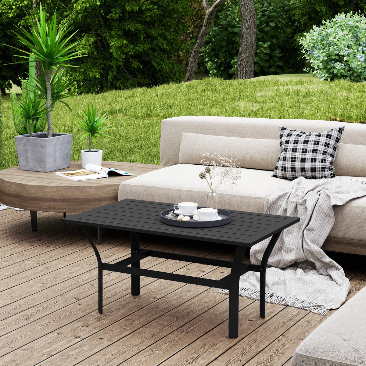 Outdoor Metal Coffee Table with Slatted Top, Black — product view 3