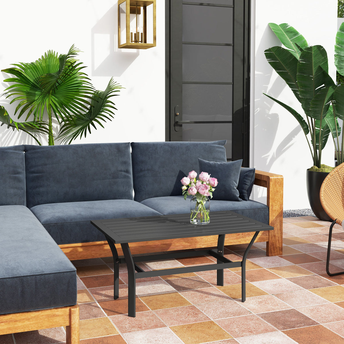 Outdoor Metal Coffee Table with Slatted Top, Black — product view 4