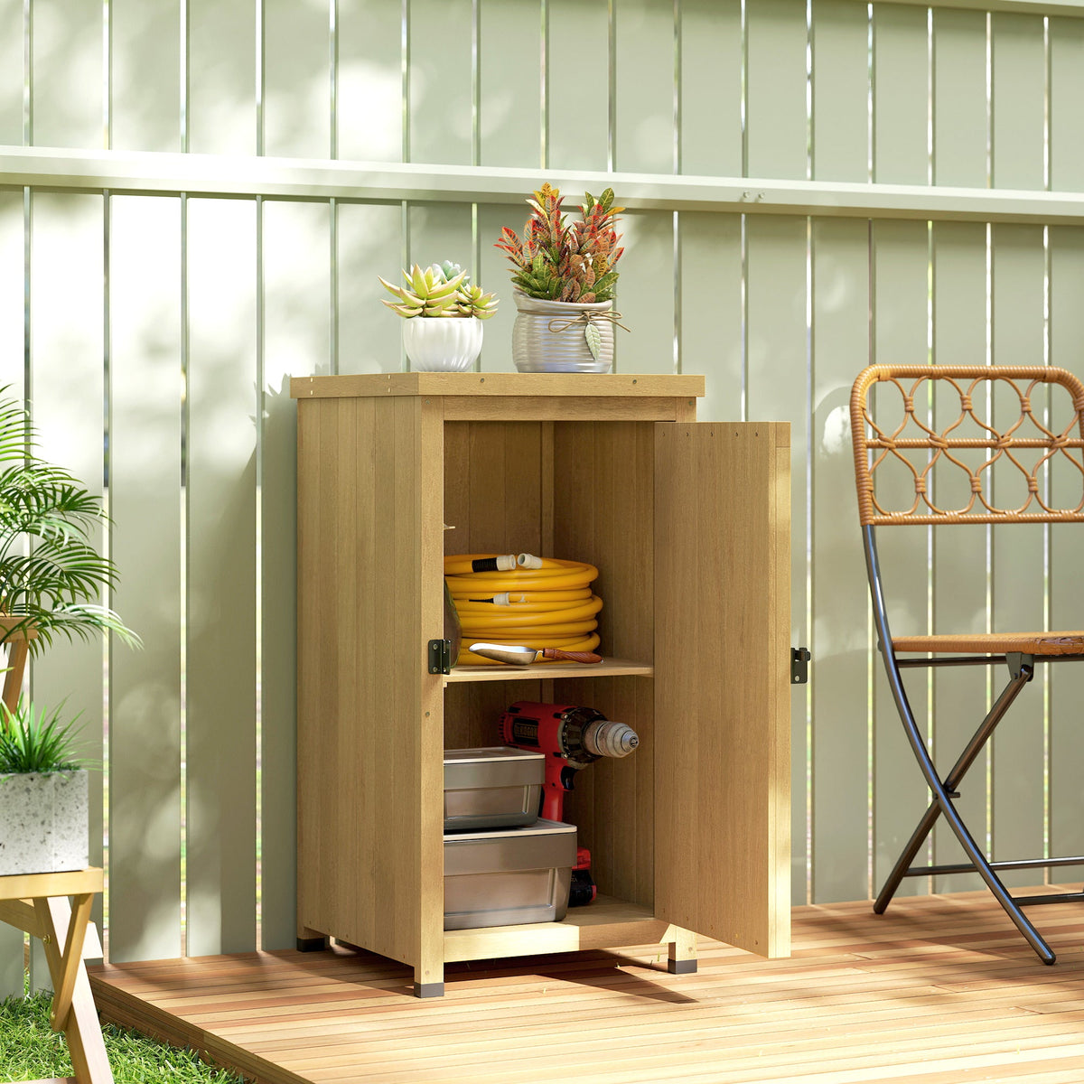 Wooden Garden Shed with Galvanised Top, Shelf and Door, Light Brown — product view 4