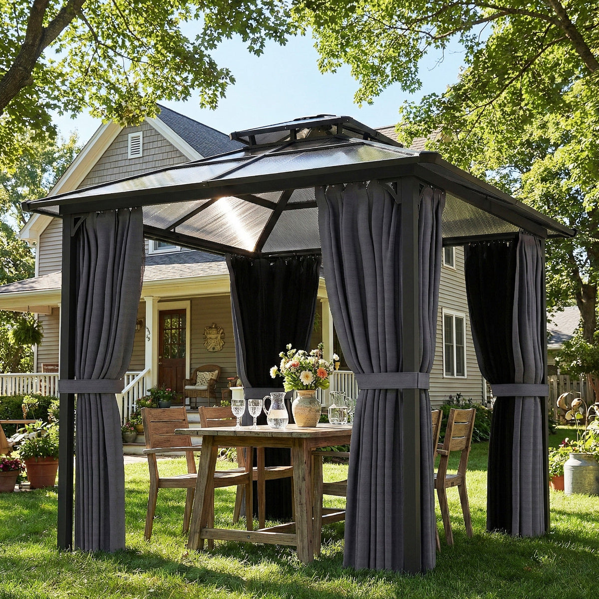 2.5 x 2.5 m Hardtop Gazebo with Double Roof, Netting & Curtains, Dark Grey — product view 4