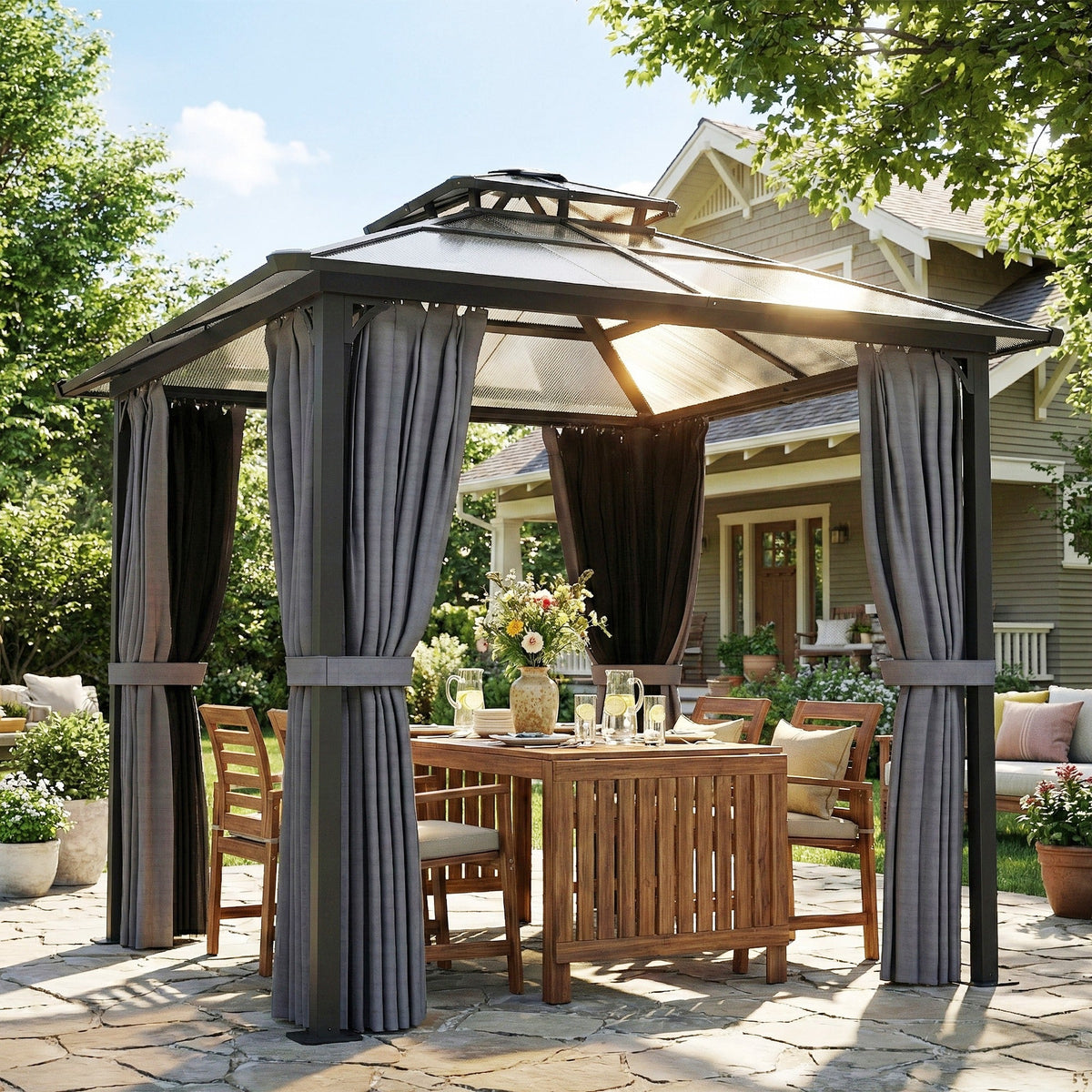 2.5 x 2.5 m Hardtop Gazebo with Double Roof, Netting & Curtains, Dark Grey — product view 3