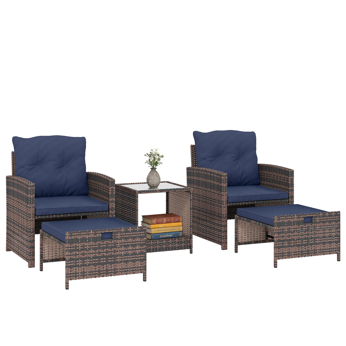 5-Piece Patio Set with Ottomans and 2-Tier Glass Table, Brown and Dark Blue — product view 1