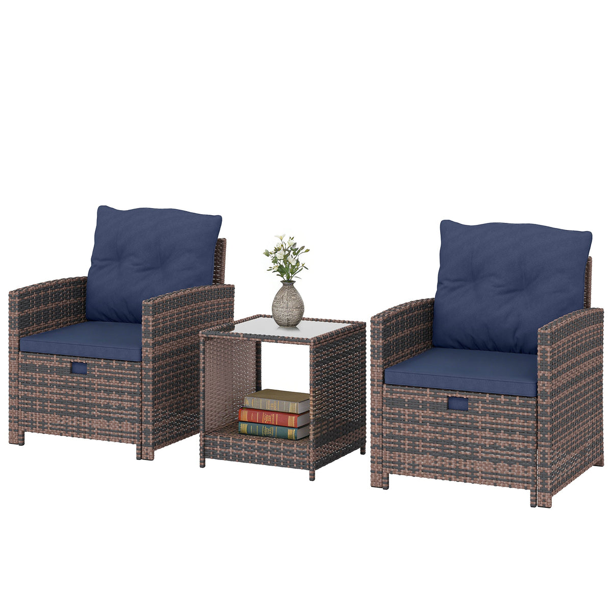 5-Piece Patio Set with Ottomans and 2-Tier Glass Table, Brown and Dark Blue — product view 2