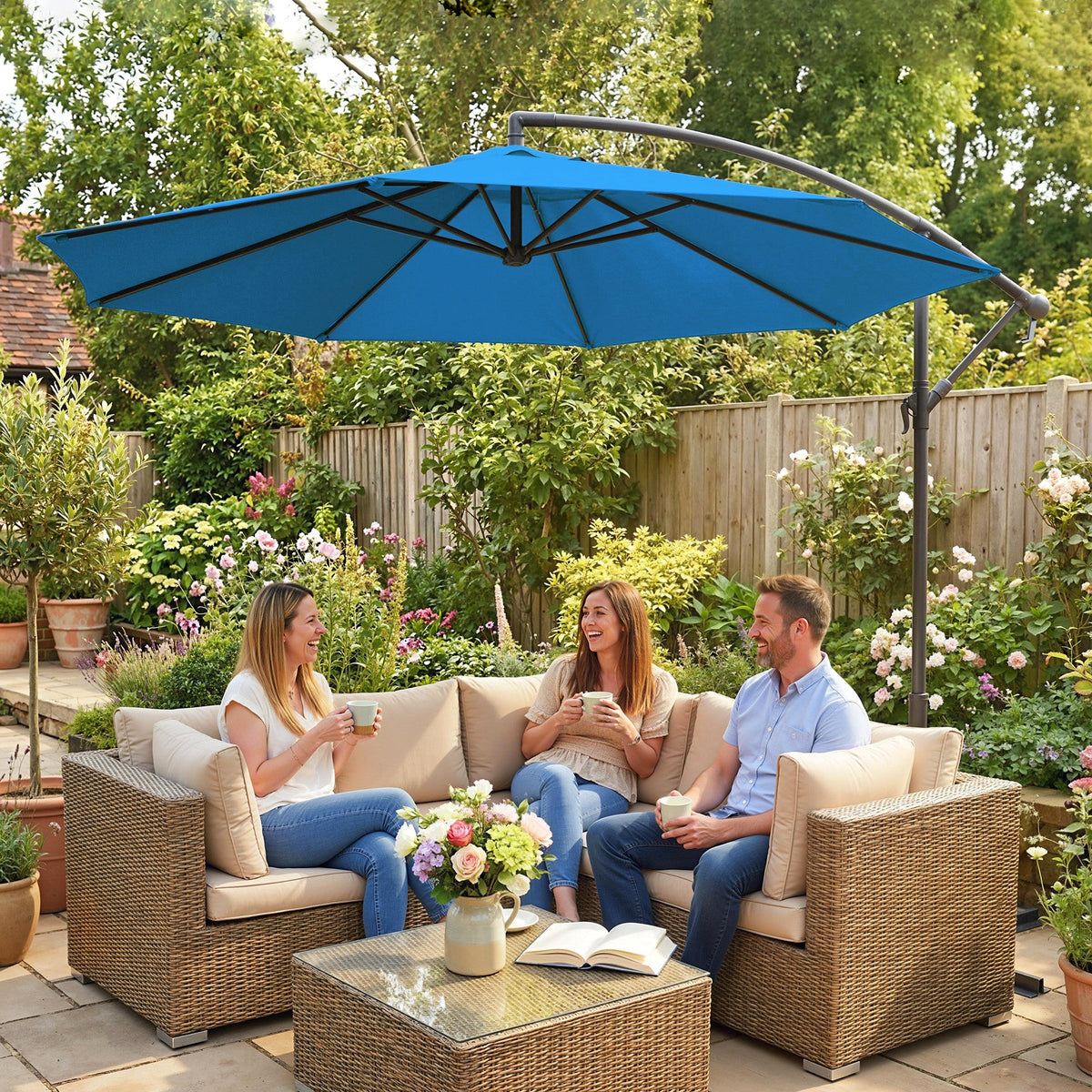 3 m Cantilever Parasol with Cross Base and Crank Handle, Blue — product view 4