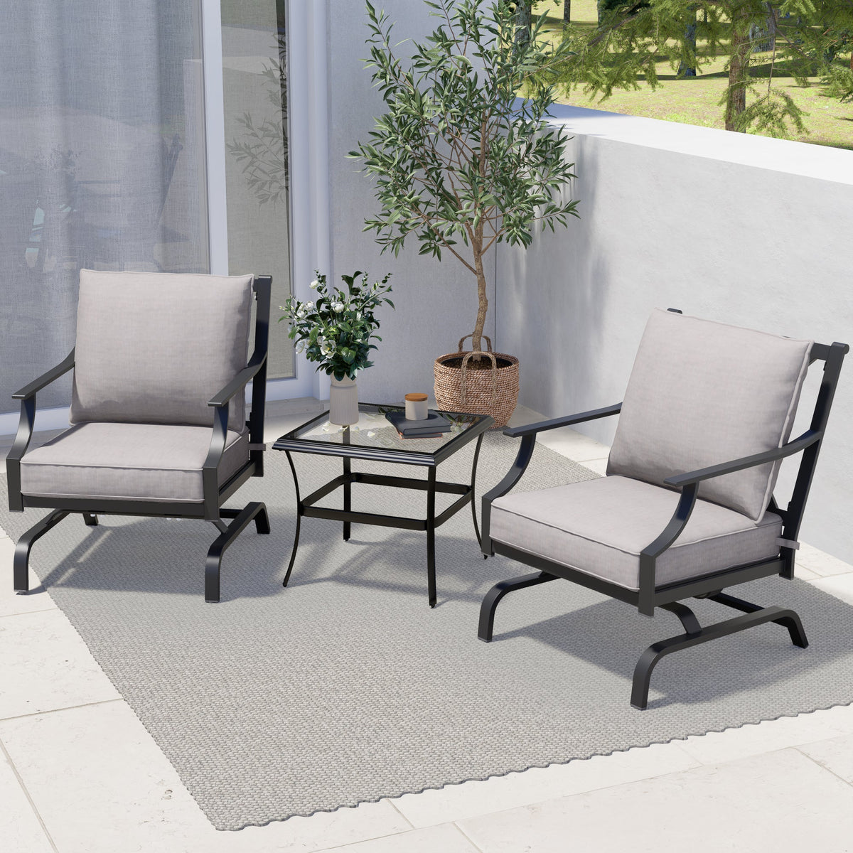 LOUNGE YARD 3 Piece Metal Bistro Rocking Chairs, Indoor Outdoor Chat Set — product view 2
