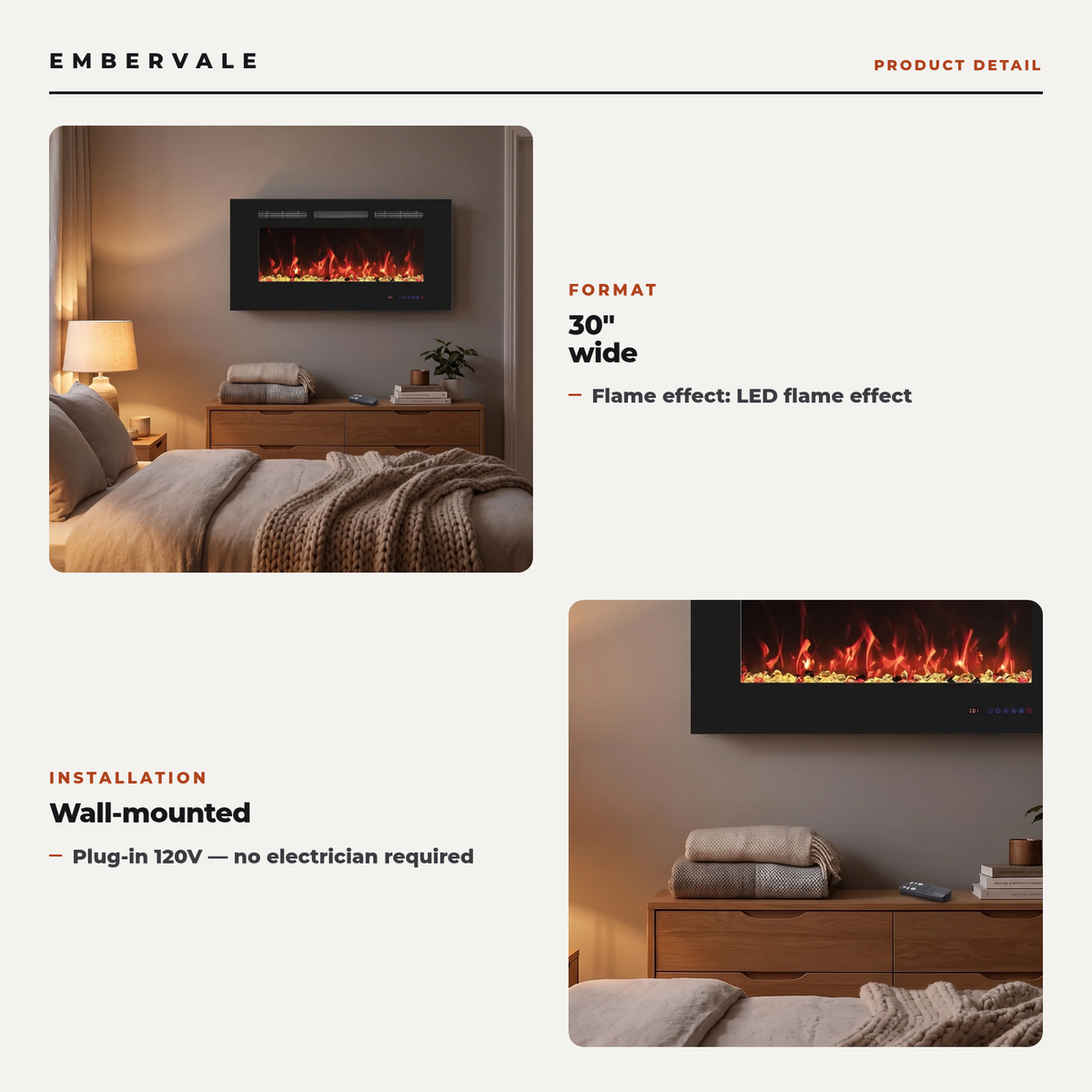 30 Inch Wall Mounted Electric Fireplace with Timer & Adjustable Flames, Compact Slim Fireplace Heater for Bedroom, Den & Apartment — product view 3