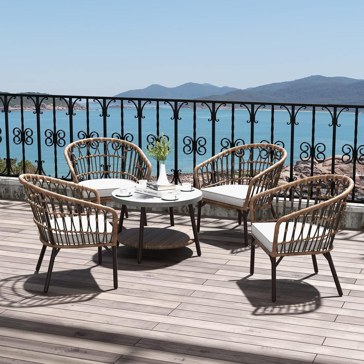 LOUNGE YARD Outdoor Tully 5-Piece Steel All-Weather Wicker Boho Chat Set with Round Table for Balcony, Patio, Deck — product view 3