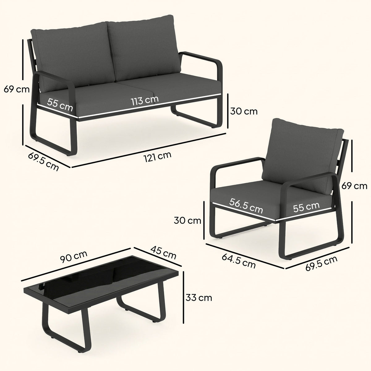 4-Piece Outdoor Sofa Set with Loveseat & 2 Chairs, Coffee Table, Black — product view 5