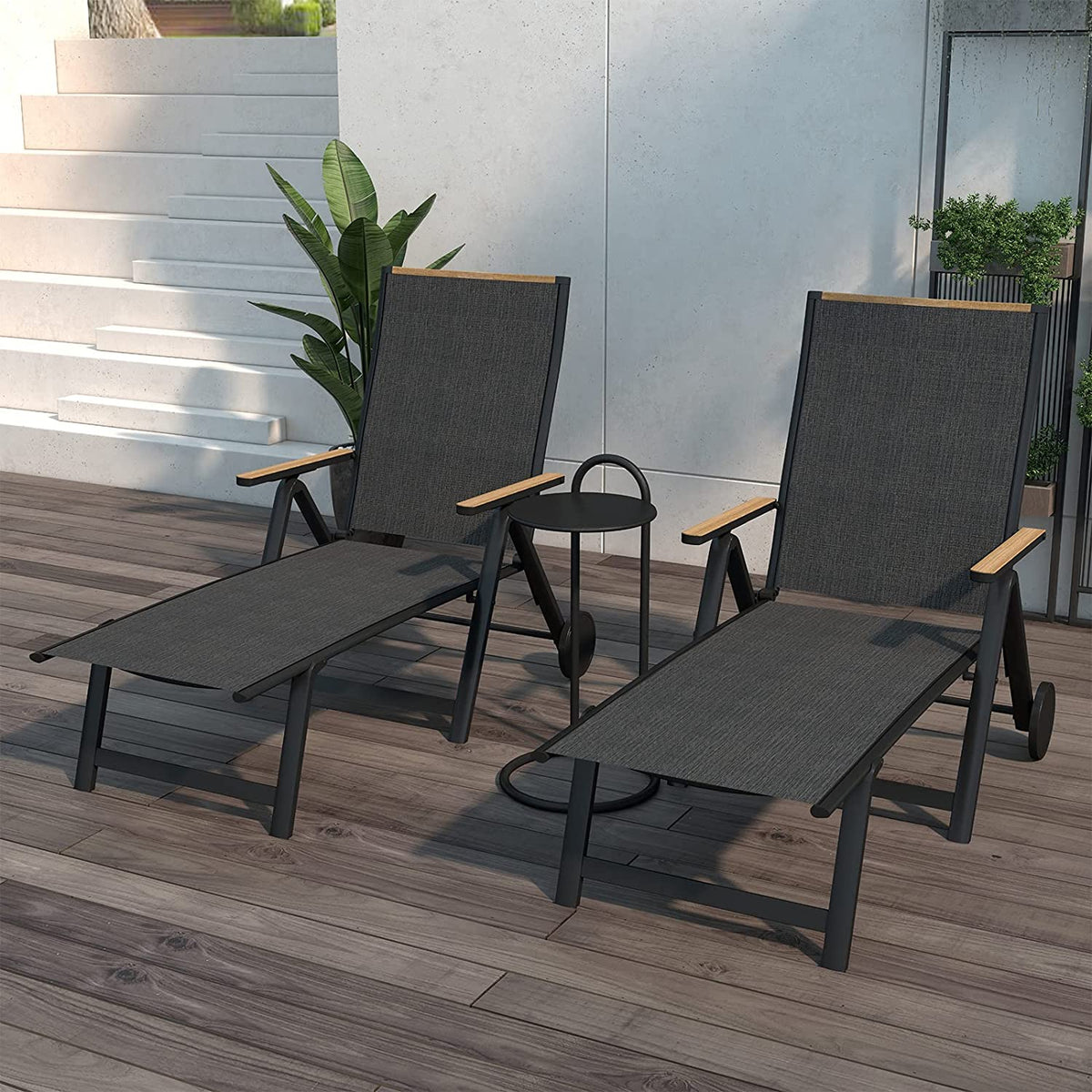 LOUNGE YARD Outdoor Chaise Lounge Chair with 6-Position Adjustable Sling Backrest, Aluminum Folding Portable Wood Grain Chair with Wheels for Beach, Backyard, Poolside, Lawn — product view 6