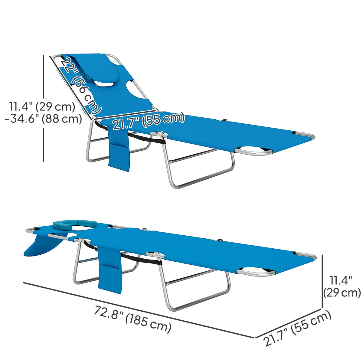 Folding Lounge Chair with Face Hole, Side Pocket and Strap, Blue — product view 5