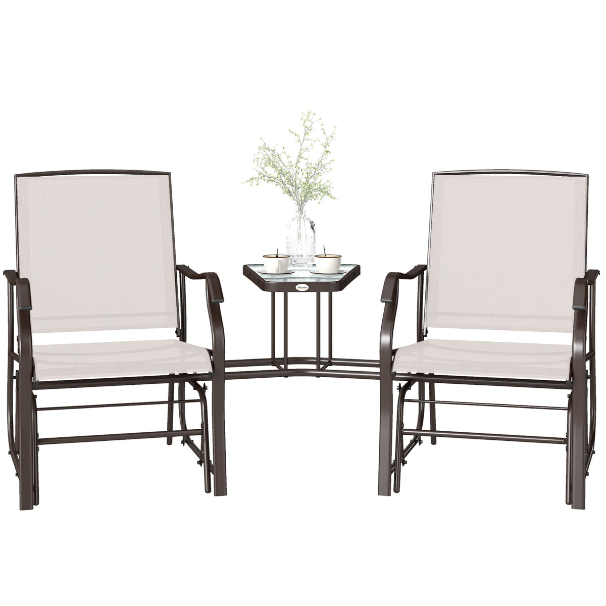 Double Patio Glider Chair with Glass Top Center Table, All Weather Breathable Mesh Fabric, Beige — product view 2