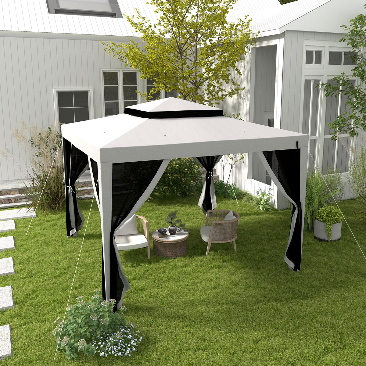 10' x 10' Canopy Tent with Mesh Netting and Double-Tier Roof, Grey — product view 3
