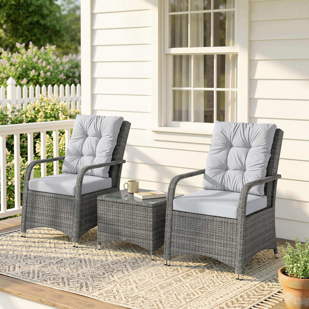 3-Piece Rattan Bistro Set with Metal Frame, Glass Table and Cushions, Light Grey — product view 4