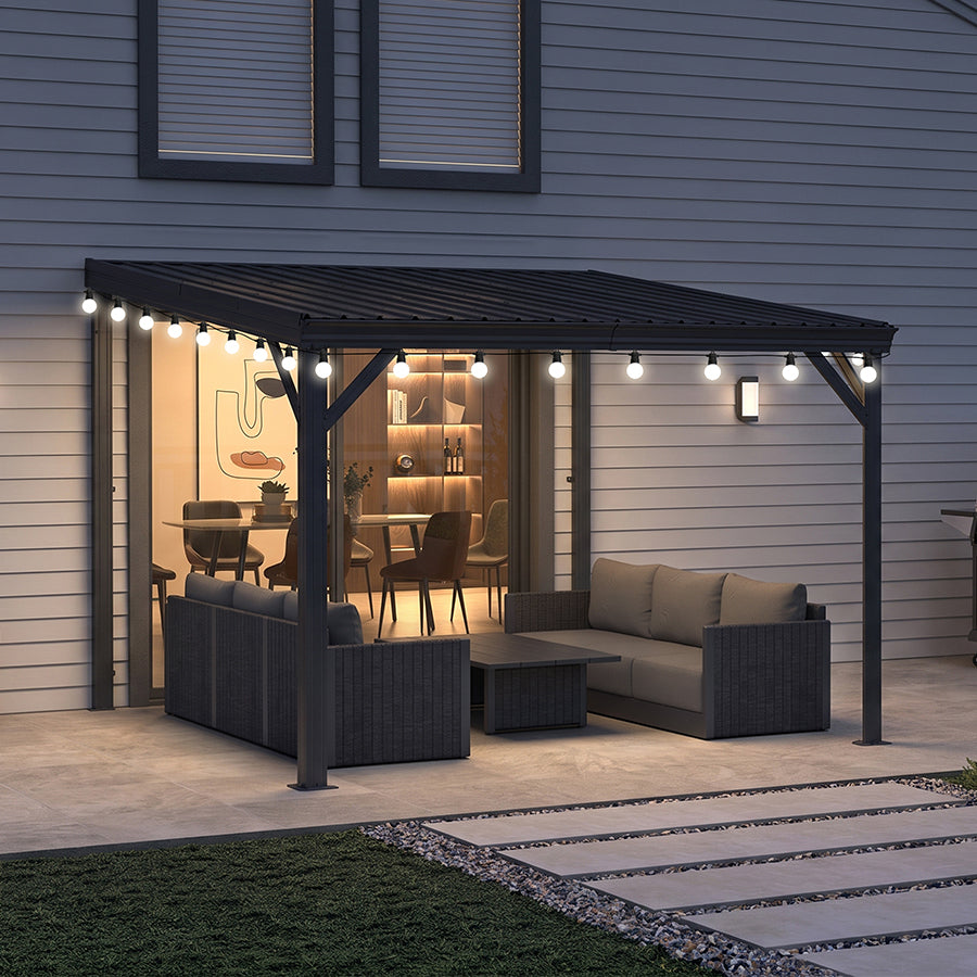 PURPLE LEAF Lean to Gazebo Metal Roof Patio Cover Built-in Drain Slots Wall Mounted Gazebo with Lights-milky for Outdoor Extension — product view 4