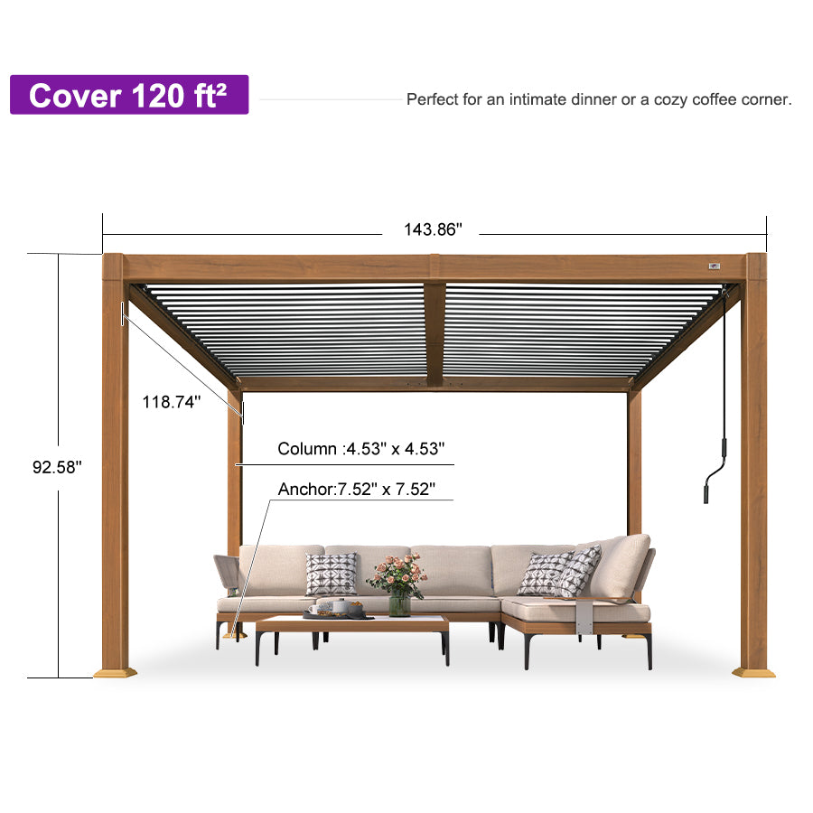 PURPLE LEAF Caesar Louvered Pergola Outdoor Wood Grain Frame Gray  Roof Aluminum Pergola with Adjustable Roof Patio Hardtop Gazebo for Backyard Garden — product view 4