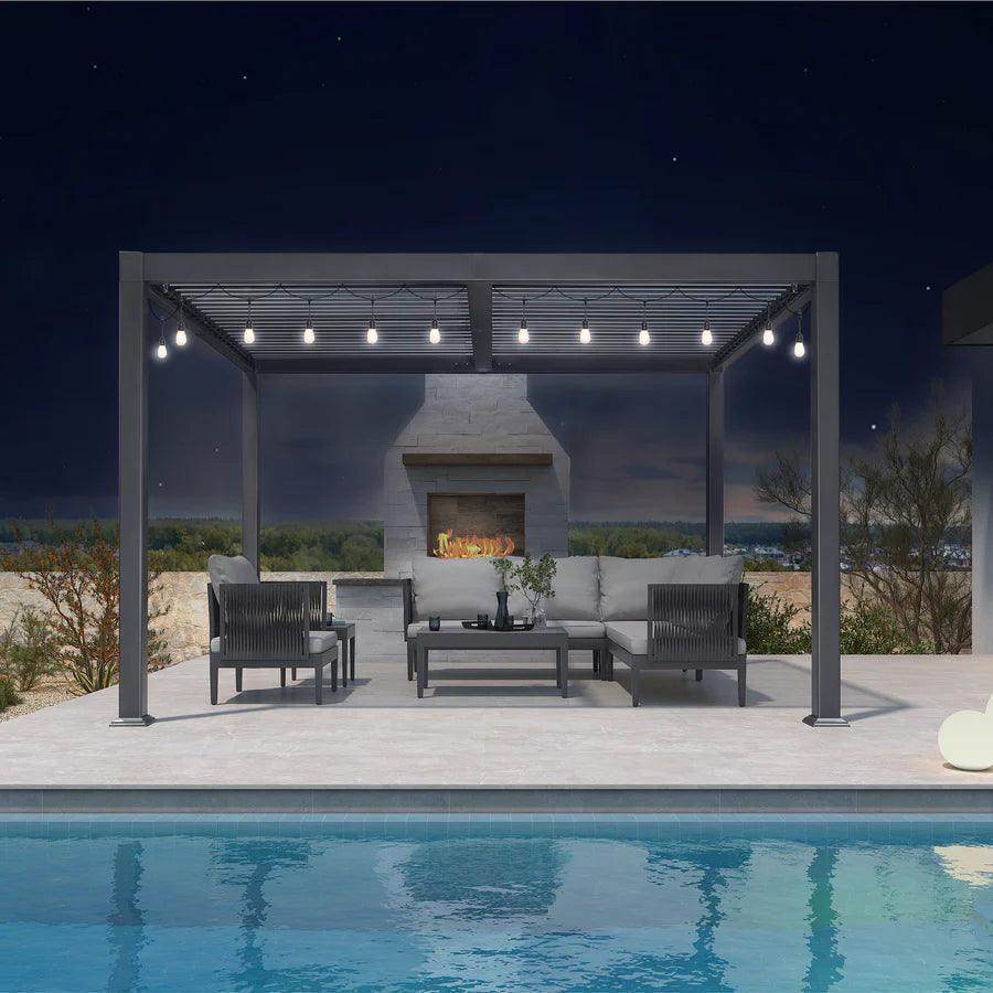 PURPLE LEAF Caesar Louvered Pergola with Yellow String Lights Patio Aluminum Pergola with Independent Adjustable Rainproof Roof Hardtop Pergola for Outdoor Deck Garden Yard — product view 3