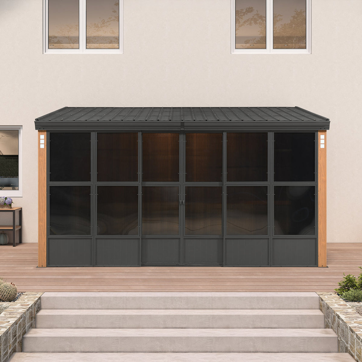 PURPLE LEAF Wall Mounted Sunroom Galvanized Steel Sloped Roof Lean-to Gazebo Aluminum Grey Frame Wood Grain Columns for Outdoor Home Extension with String Lights — product view 2