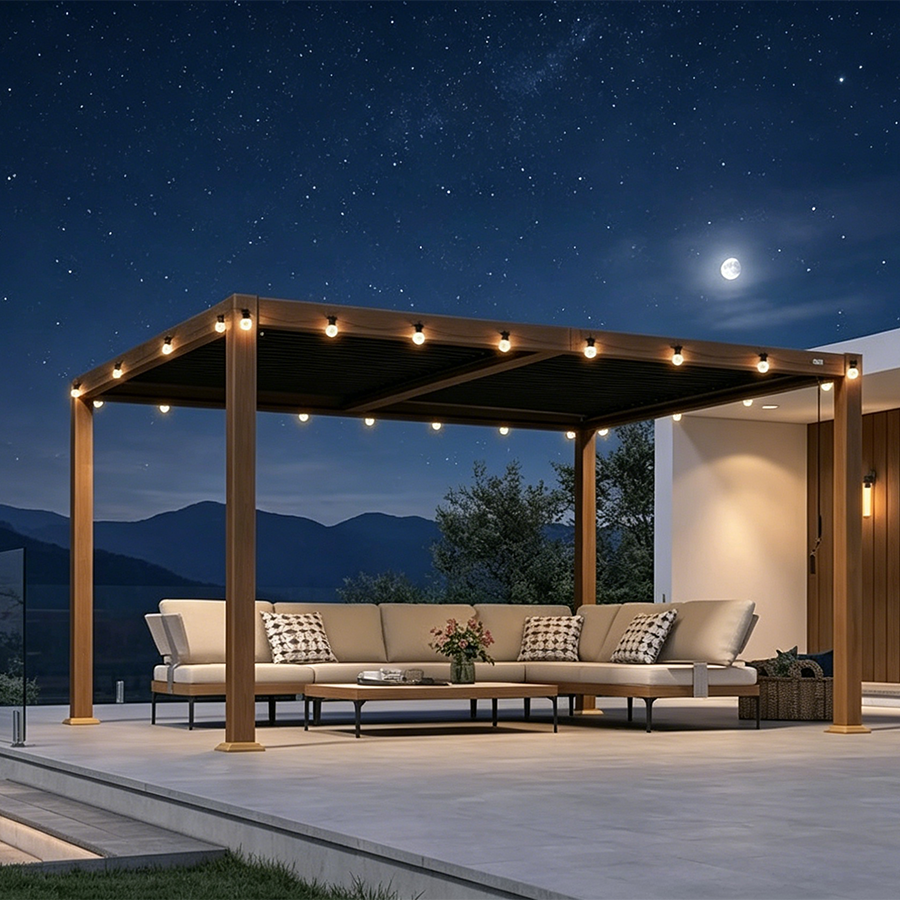 PURPLE LEAF Caesar Louvered Pergola with Yellow Lights Wood Grain Frame Gray Roof Aluminum Pergola with Adjustable Roof  Hardtop Gazebo for Outdoor Deck Garden Yard — product view 1