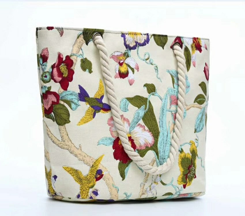 Elegant Beach Bag with Floral Embroidery Design LoungeYard — product view 2