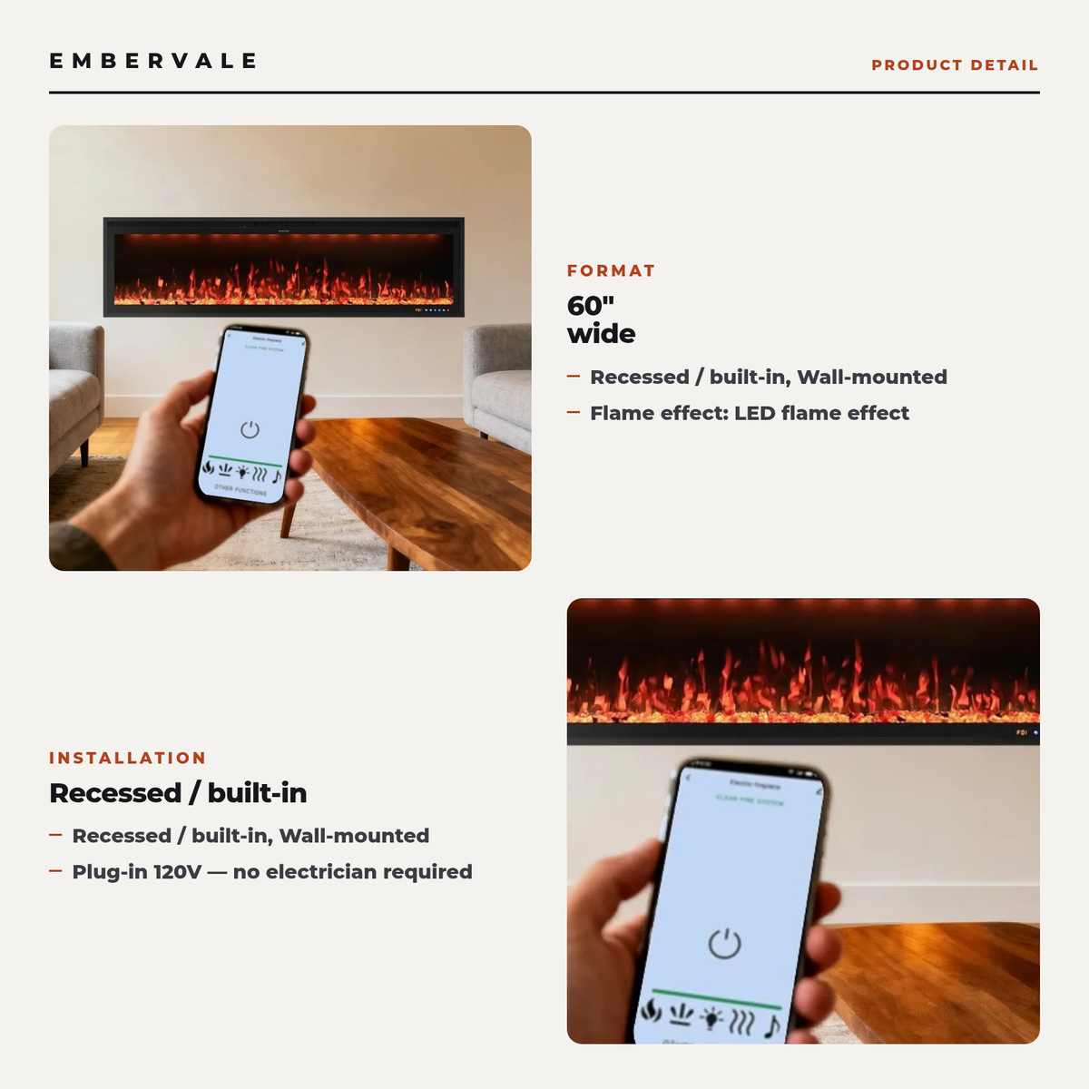 60 Inch Recessed Electric Fireplace Heater, Wall Mounted with WiFi App, Alexa & Google Home Voice Control — product view 2