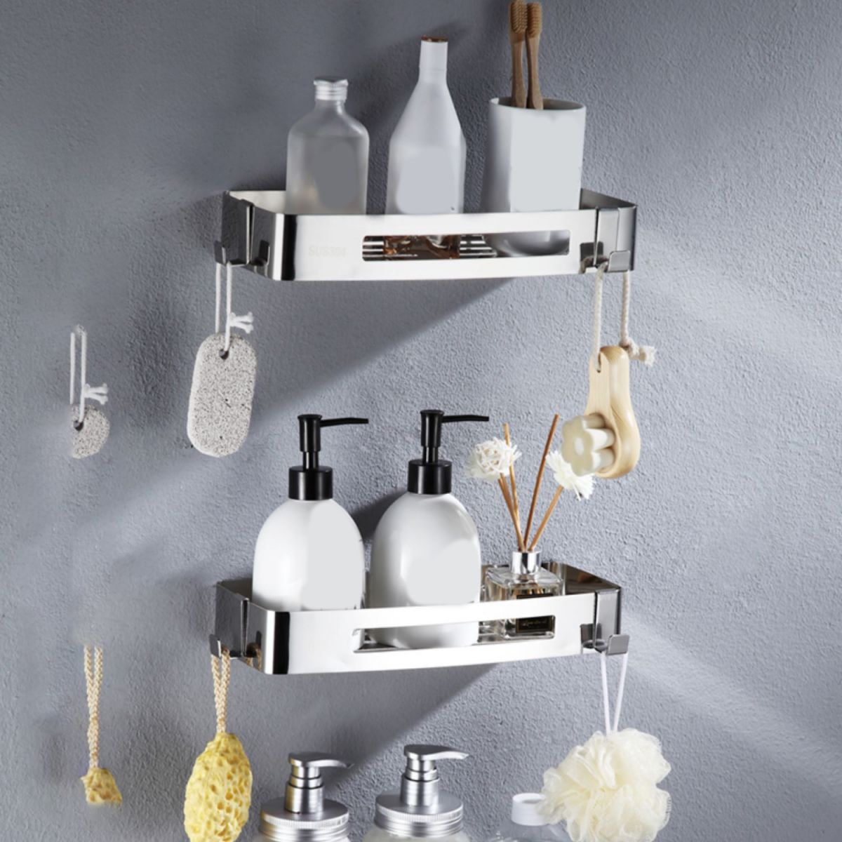 LoungeYard | Modern Stainless Steel Bath Accessory Set Rectangular & Triangular Bath Shelf — product view 7