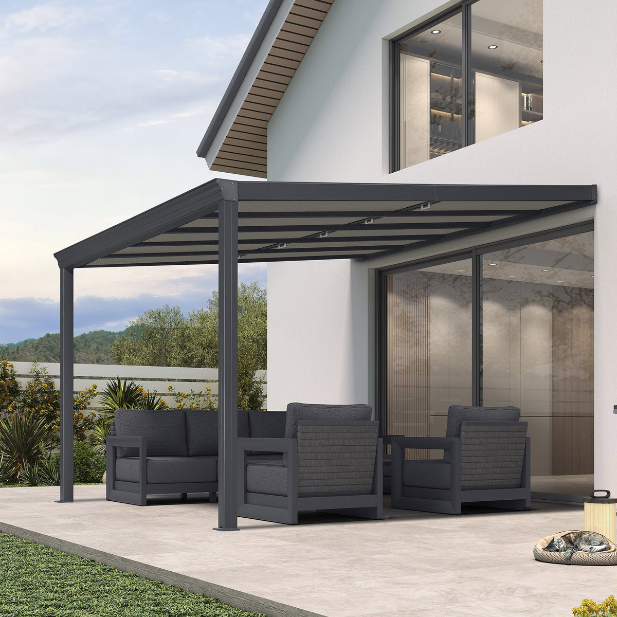 PURPLE LEAF Wall Mounted Gazebo with Gray Polycarbonate Roof Aluminum Frame Patio Cover with Retractable Pleated Shades for Porch — product view 7