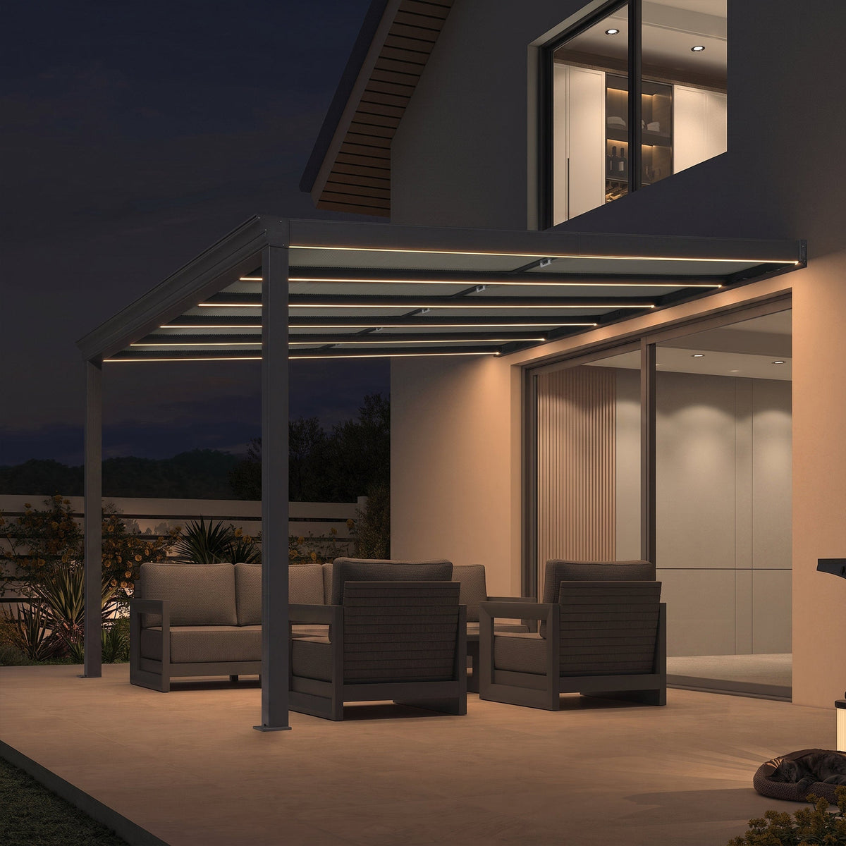 PURPLE LEAF Wall Mounted Gazebo with Gray Polycarbonate Roof Aluminum Frame Patio Cover with Retractable Pleated Shades and LED Strip Light — product view 6