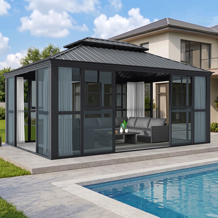 PURPLE LEAF Luxury Sunroom Solarium 360° Transparent Outdoor Living Room with Elegant Curtains Outdoor Gazebo with 4-Side Sliding Doors and Windows for Entertaining — product view 5