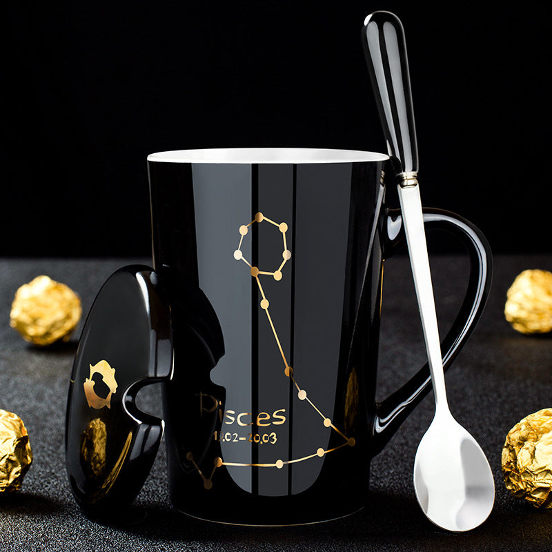 12 Constellations Black Ceramic Mug with Lid Spoon | LoungeYard — product view 5