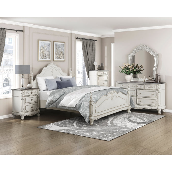Homelegance Cinderella Antique White & Grey Rub-Through Finish Wood Queen 4 Pc Bed Poster Set – 1386NW-4PC — product view 1