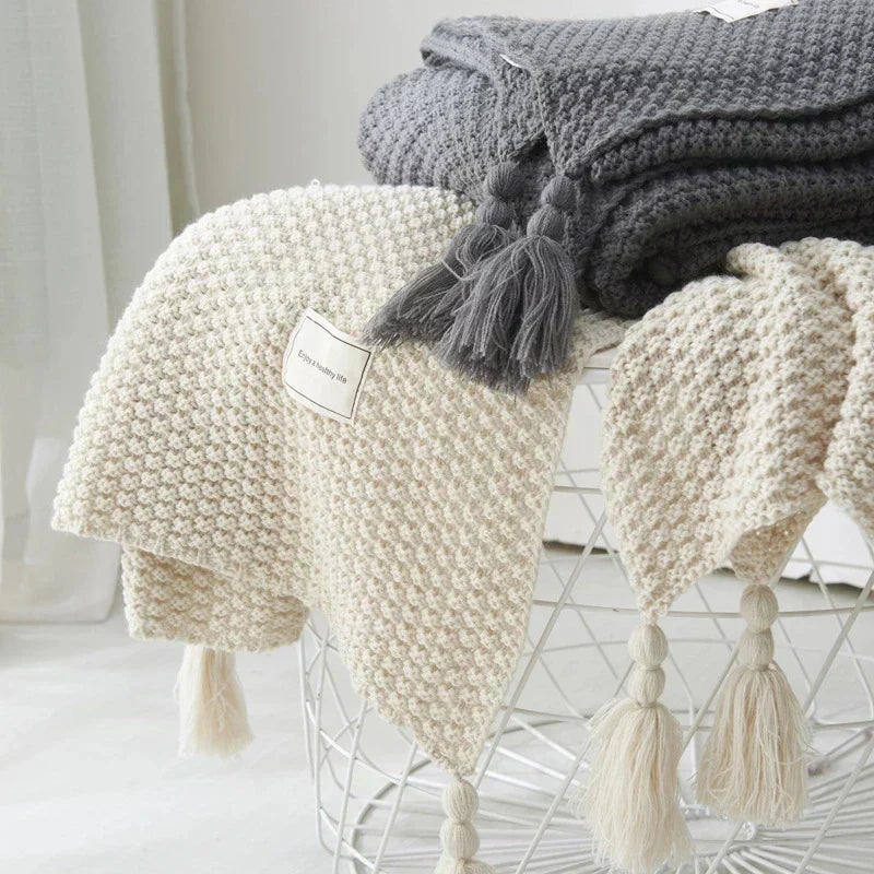 LoungeYard | NordiWrap Knitted Wool Blanket with Tassels | Nordic Design | Cozy & Elegant | Perfect for Home — product view 5
