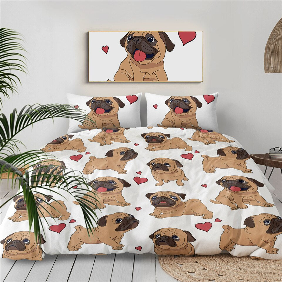 LoungeYard | 3pcs Hippie Pug Puppy Cartoon Comfortable Duvet Cover Bedding Set — product view 2
