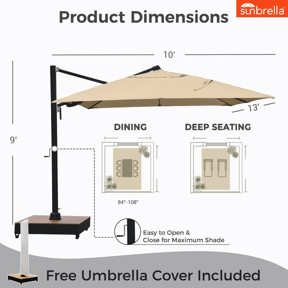 LOUNGE YARD 10x13 FT Sunbrella Cantilever Aluminum Umbrella, 5-Year-Non-Fading — product view 5