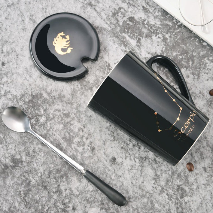 12 Constellations Black Ceramic Mug with Lid Spoon | LoungeYard — product view 2