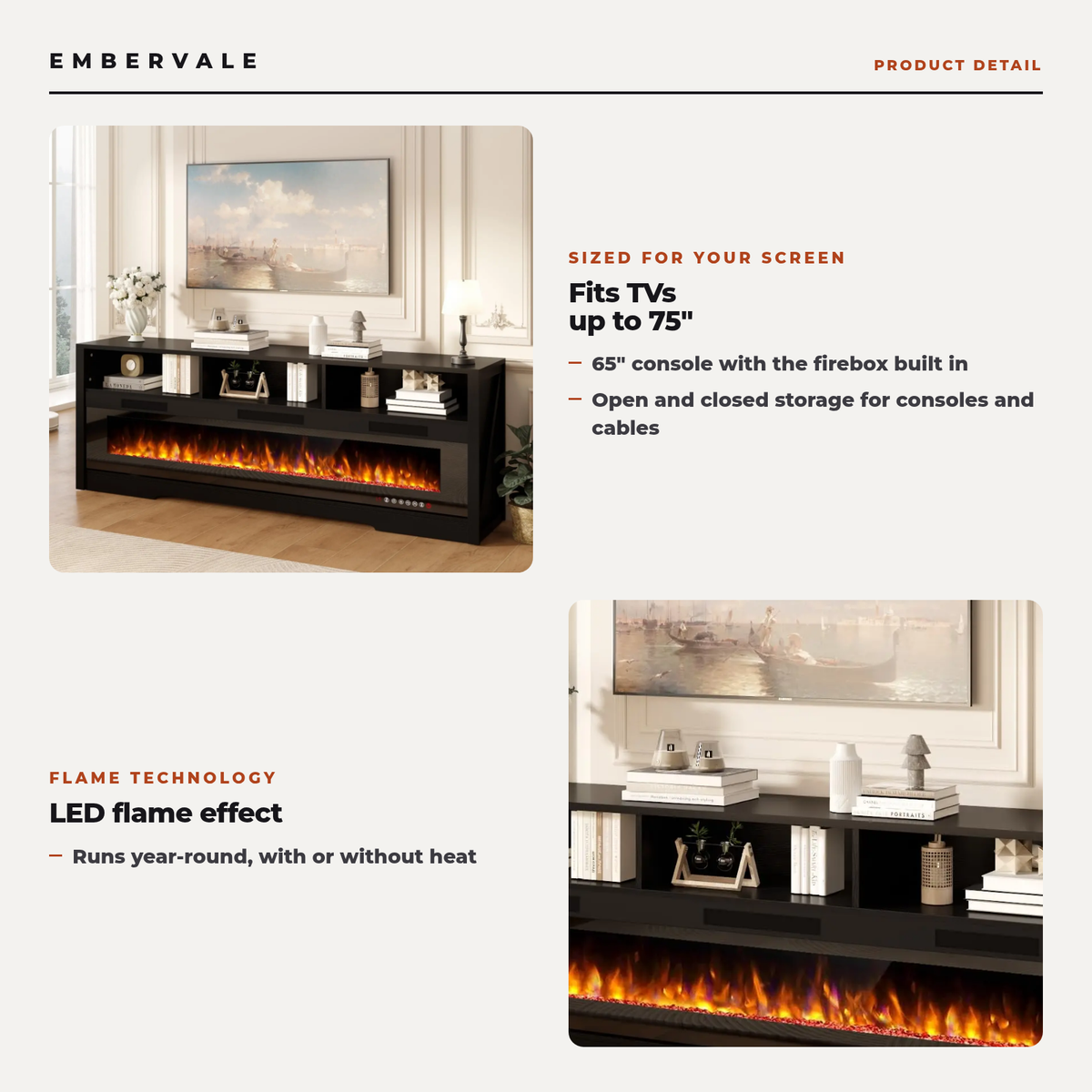 65 Inch Electric Fireplace TV Stand for TVs up to 75 Inch, Glass Front, Modern Media Console Entertainment Center for Living Rooms — product view 2