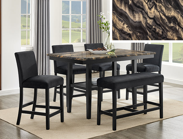 Marbel 6-Piece Black Wood Gold & Amber Veining Faux Marble Top Counter Height Dining Set with Bench – 1718GBK-6PC — product view 1