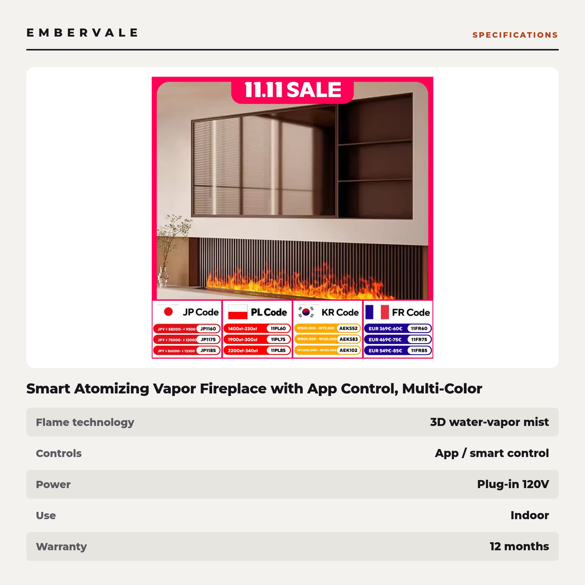 Smart Atomizing Vapor Fireplace with App Control, Multi-Color 3D Mist Flame Electric Fireplace for Media Walls — product view 3