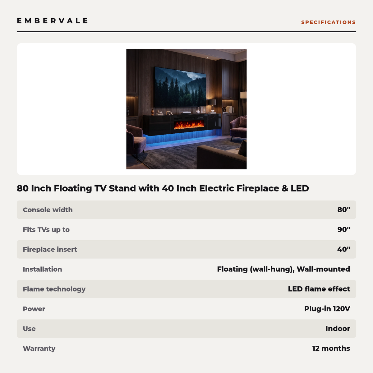 80 Inch Floating TV Stand with 40 Inch Electric Fireplace & LED Lights, Wall Mounted Media Console for TVs up to 90 Inch — product view 4