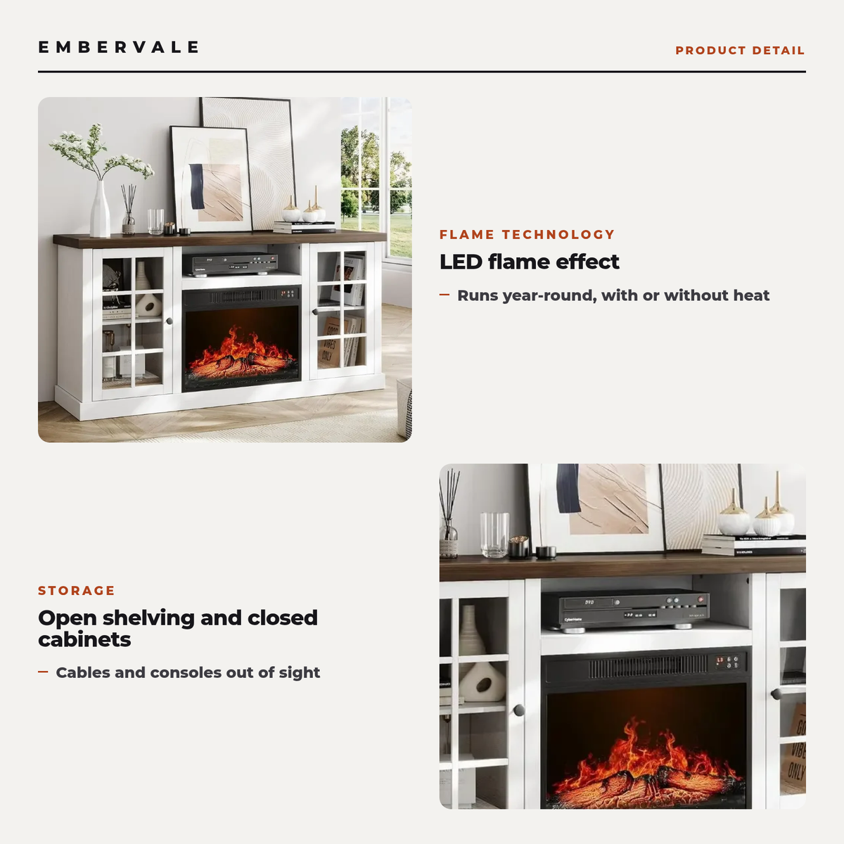 Electric Fireplace TV Stand, Modern Media Console Entertainment Center, Storage Cabinets for Living Rooms — product view 3