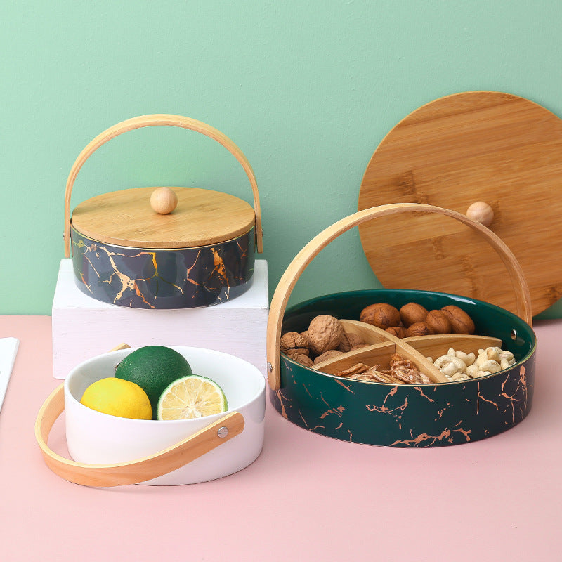 Kitchen organizer with bamboo handle and four-part insert, marbled snack bowl — product view 1