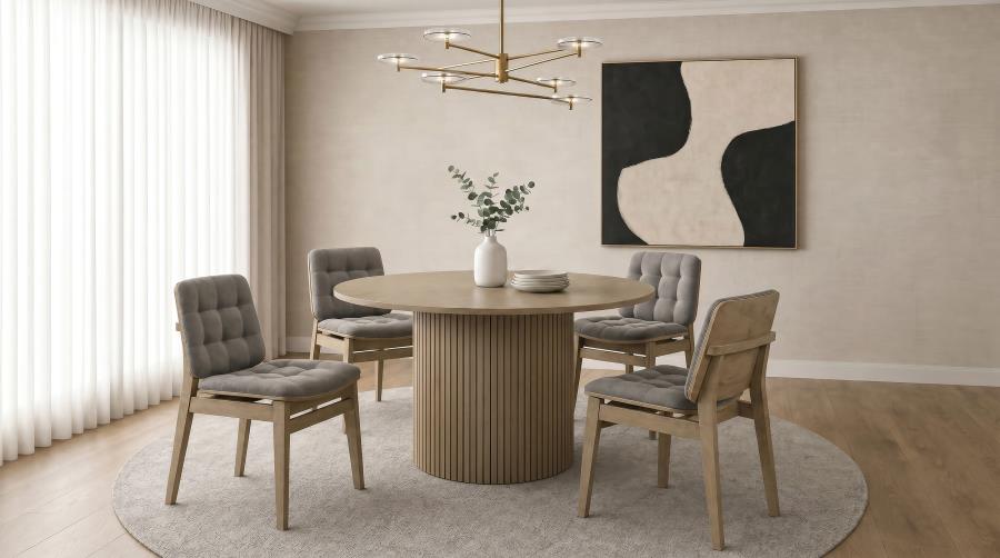 Coaster Decker 5-Piece Round Natural Dining Table Set with Grey Velvet Tufted Chairs – 193930NAT-S5E — product view 1