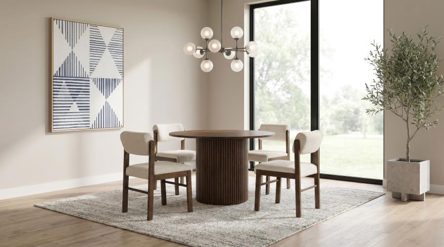 Coaster Decker 5-Piece Round Walnut Dining Table Set with Cream Upholstered Chairs – 193930WAL-S5B — product view 1
