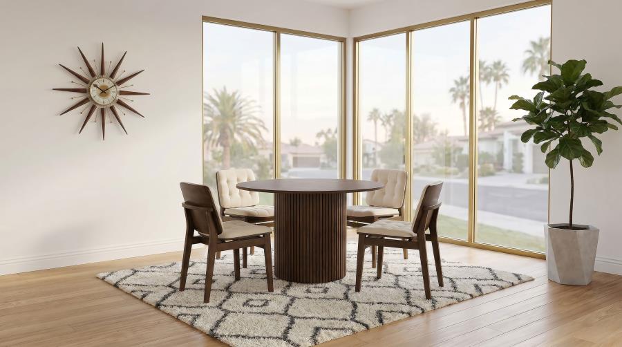 Coaster Decker 5-Piece Round Walnut Dining Table Set with Cream Velvet Tufted Chairs – 193930WAL-S5D — product view 1