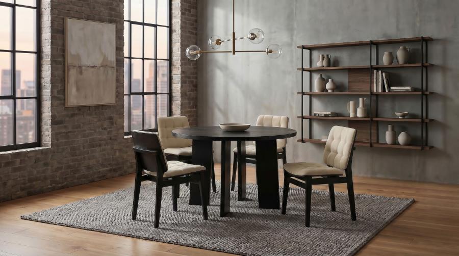 Coaster Strouse 5-Piece Round Black Pedestal Dining Table Set with Cream Velvet Tufted Chairs – 193940BLK-S5D — product view 1