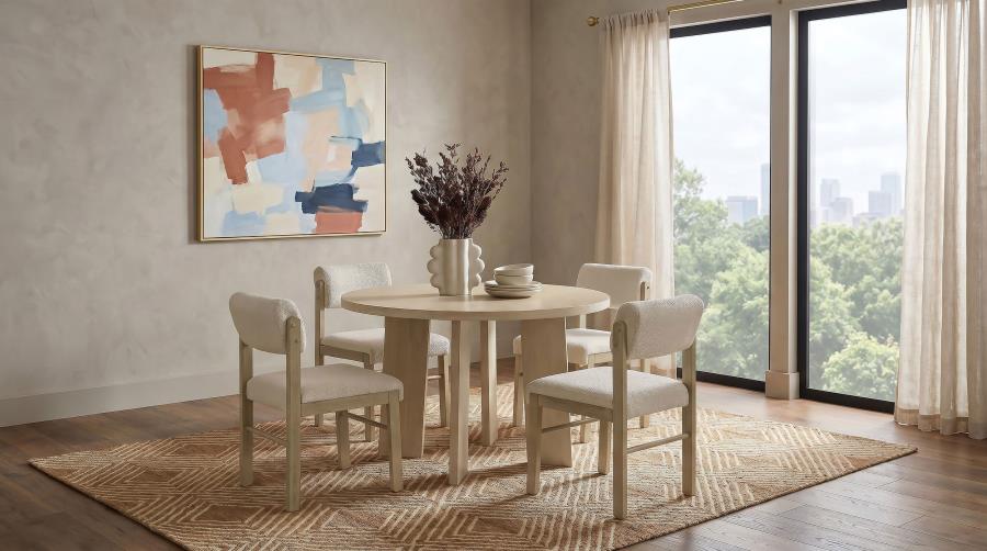 Coaster Strouse 5-Piece Round Natural Oak Pedestal Dining Table Set with Cream Upholstered Chairs – 193940NAT-S5B — product view 1