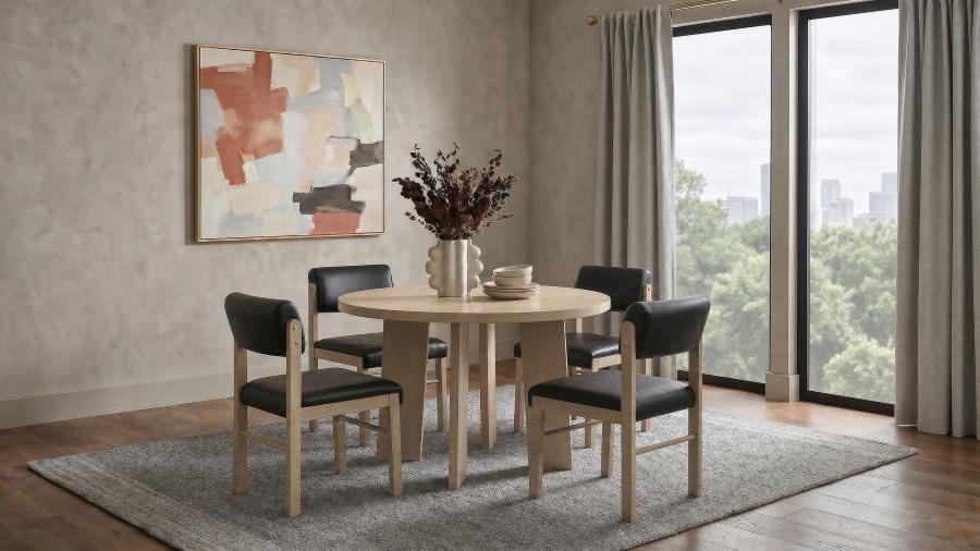 Coaster Strouse 5-Piece Round Natural Oak Pedestal Dining Table Set with Black Leatherette Chairs – 193940NAT-S5C — product view 1